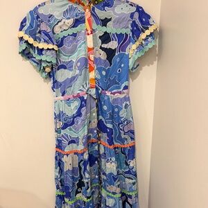 RARE CeliaB Rainbow Ruffle Maxi Dress - Blue Multi - Red Mask Logo - Size XS